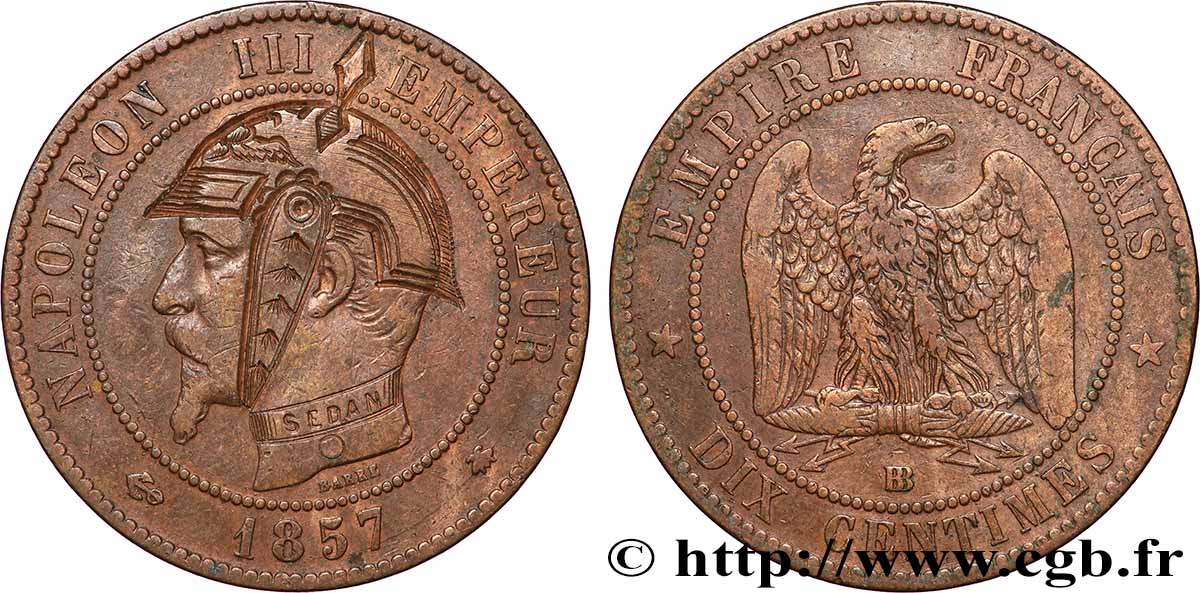 Dix centimes Napoléon III, tête nue, satirique 1857 Strasbourg F.133/43 var. TB 