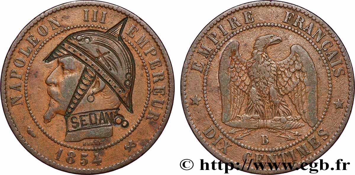 Dix centimes Napoléon III, tête nue, satirique 1854 Rouen F.133/12 var. TB 