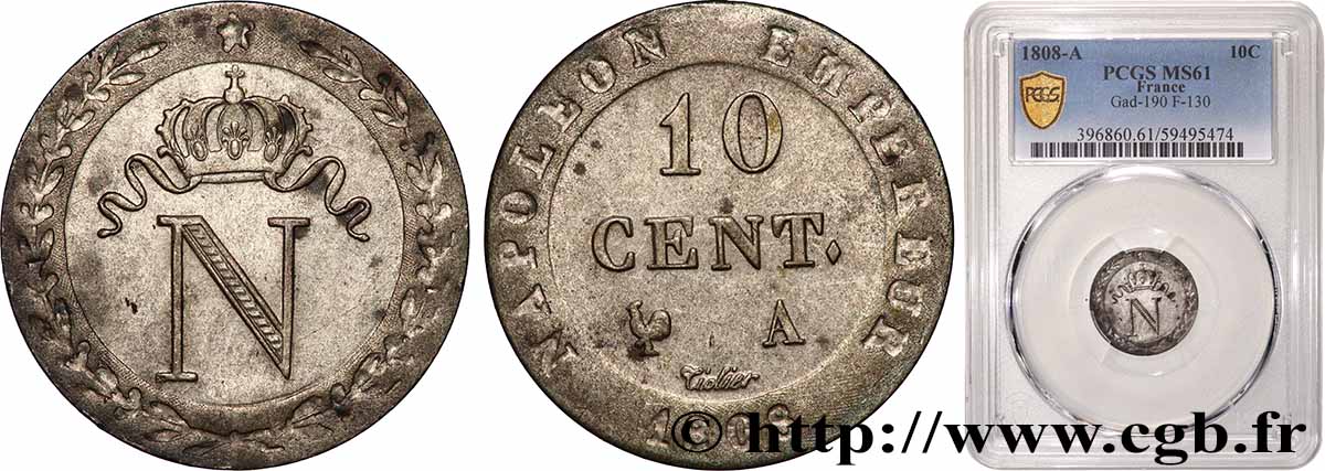 10 cent. à l&nbsp;N couronnée 1808 Paris F.130/2 SUP61 PCGS