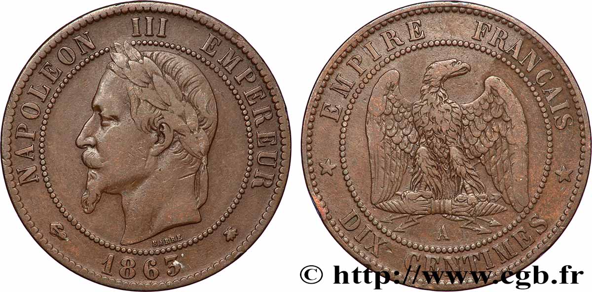 Dix centimes Napoléon III, tête laurée 1863 Paris F.134/10 TB 