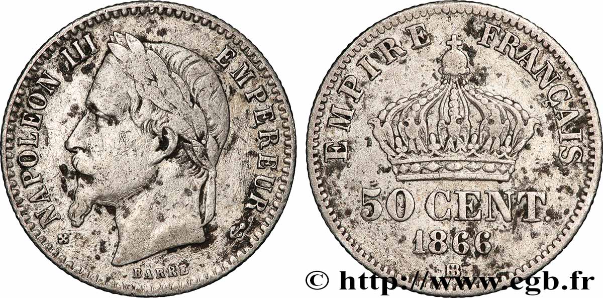 50 centimes Napoléon III, tête laurée 1866 Strasbourg F.188/10 B 