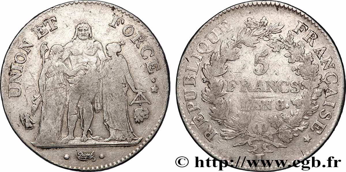 5 francs Union et Force, Union serré, avec glands intérieurs et gland extérieur 1800 Bayonne F.288/146 TB 