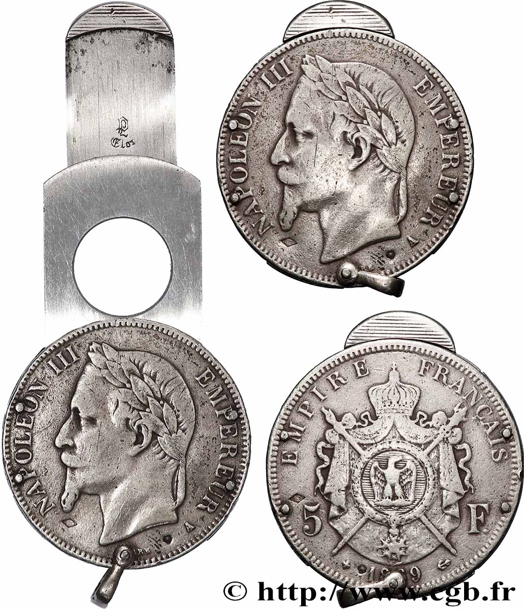 5 francs Napoléon III, tête laurée, transformée en coupe cigare 1869 Paris F.331/14 var. TB 