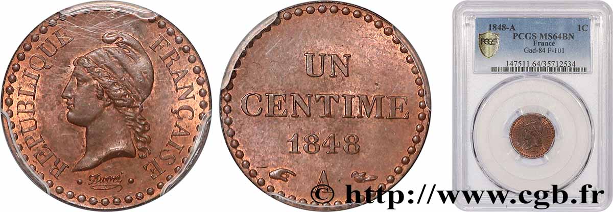 Un centime Dupré, IIe République 1848 Paris F.101/1 SPL64 PCGS