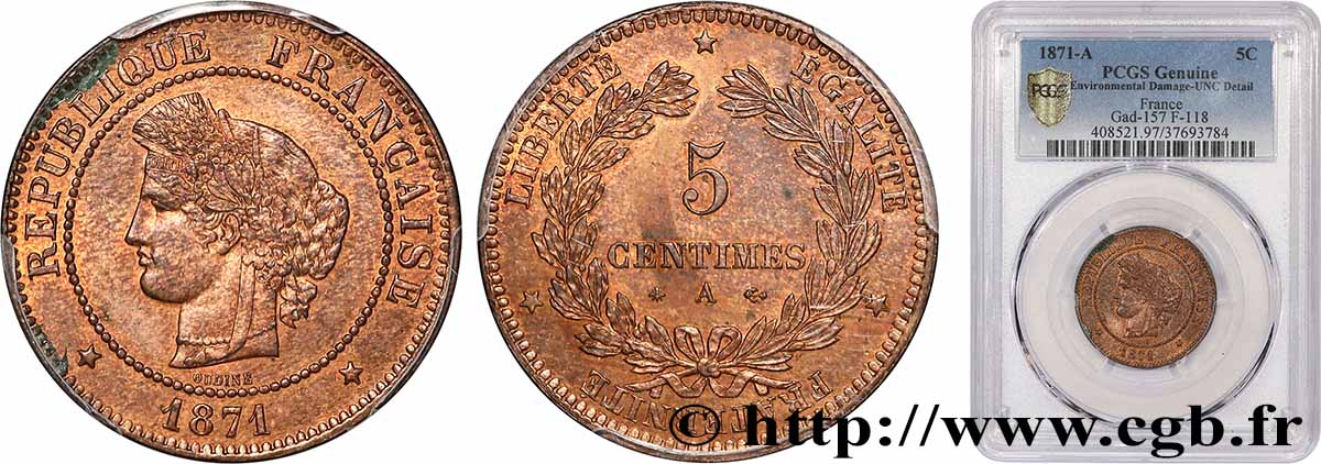 5 centimes Cérès 1871  Paris F.118/2 SUP+ PCGS