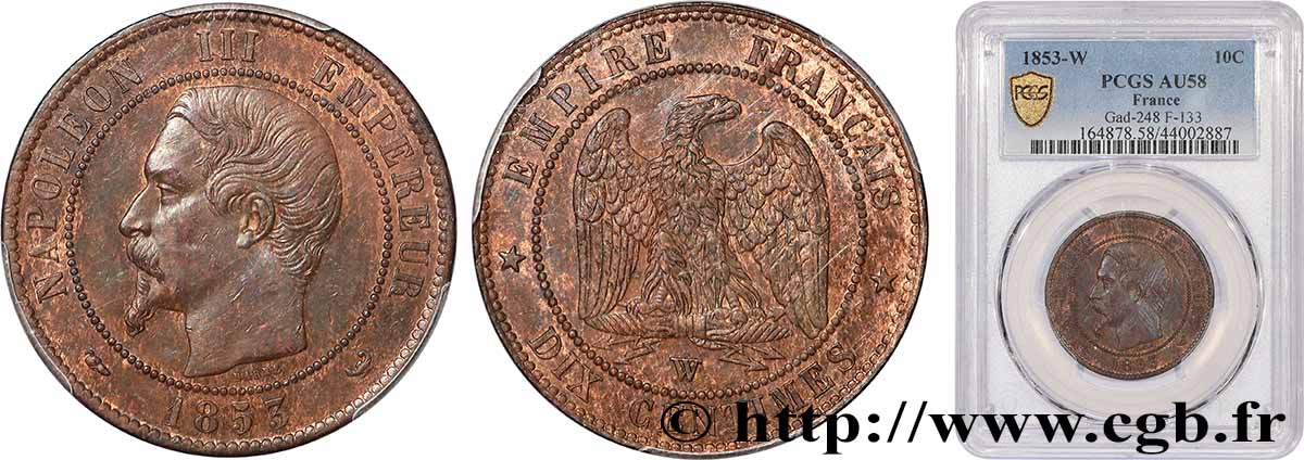 Dix centimes Napoléon III, tête nue 1853 Lille F.133/10 SUP58 PCGS
