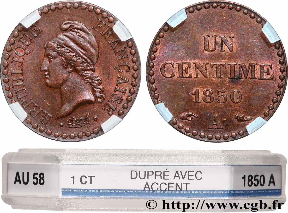 Un centime Dupré, IIe République 1850 Paris F.101/5 SUP58 GENI