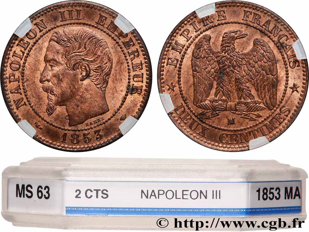 Deux centimes Napoléon III, tête nue 1853 Marseille F.107/7 SPL63 PCGS