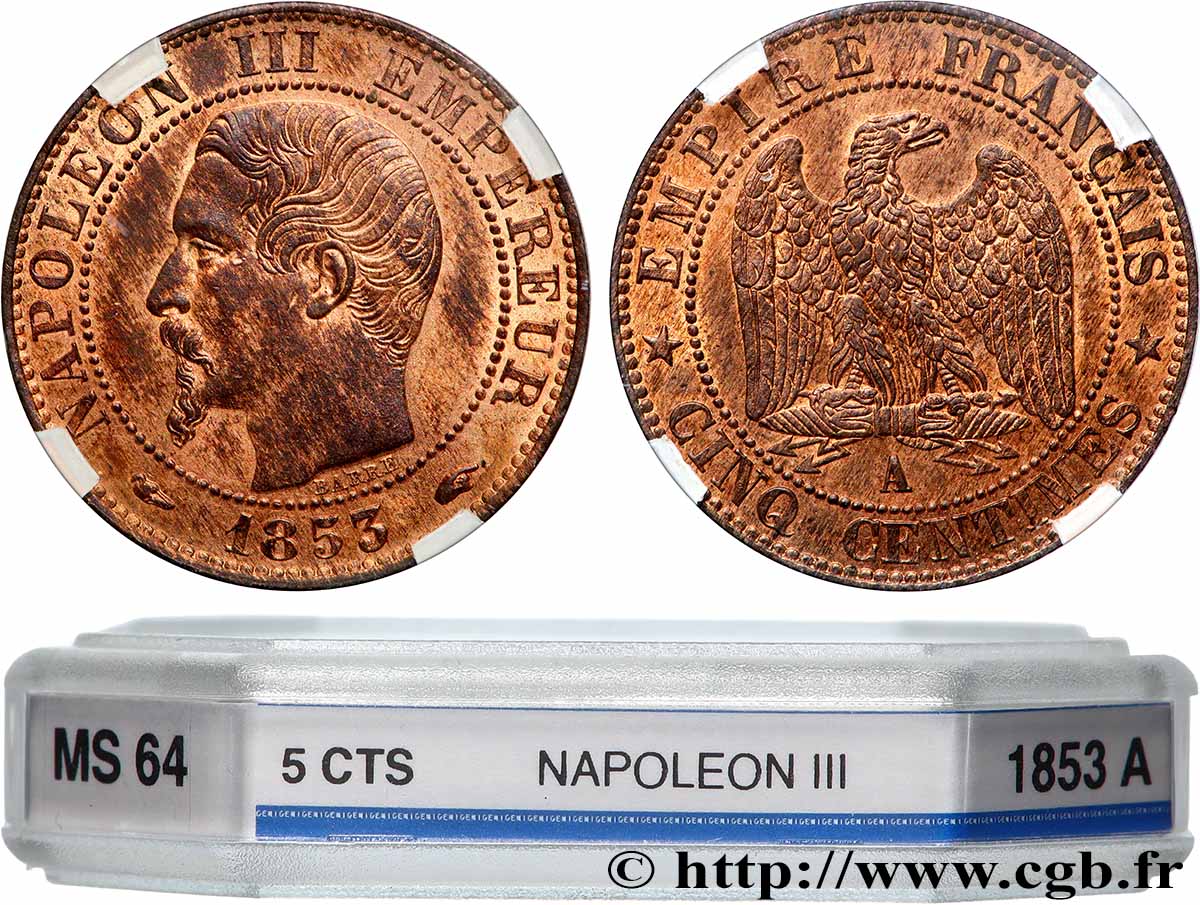 Cinq centimes Napoléon III, tête nue 1853 Paris F.116/1 FDC65 GENI