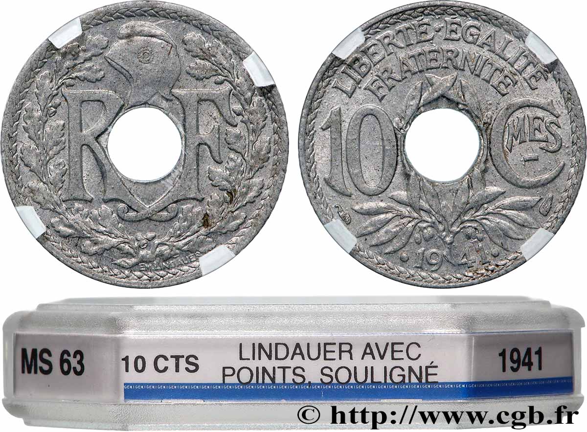 10 centimes Lindauer en zinc, Cmes souligné et millésime avec points 1941  F.140/2 MS63 GENI