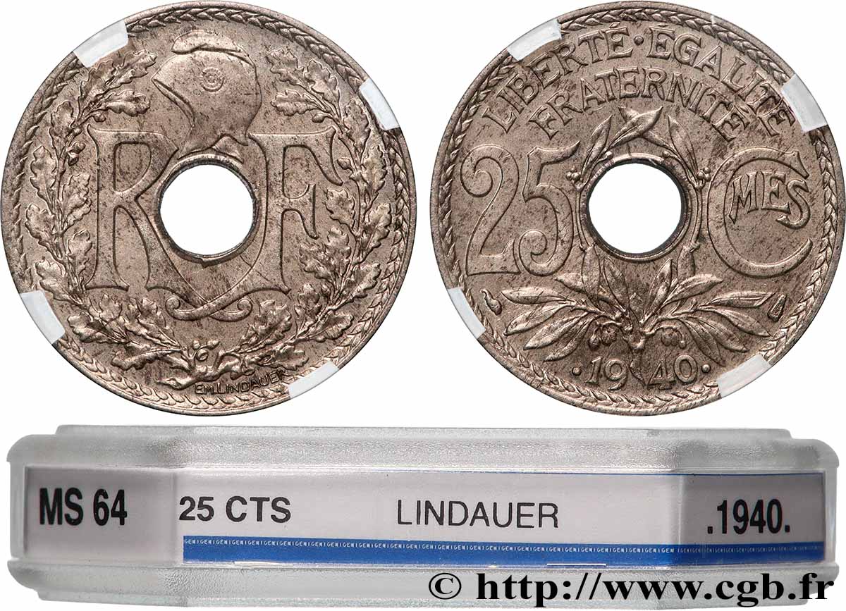 25 centimes Lindauer, maillechort 1940  F.172/4 SPL64 GENI