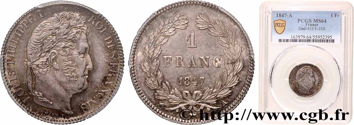 1 franc Louis-Philippe, couronne de chêne 1847 Paris F.210/110 SPL64 PCGS