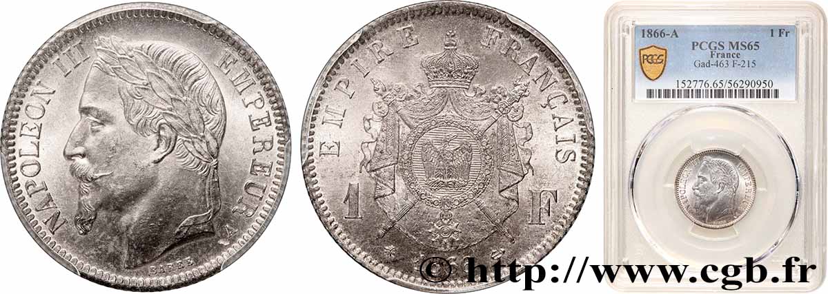 1 franc Napoléon III, tête laurée 1866 Paris F.215/3 FDC65 PCGS