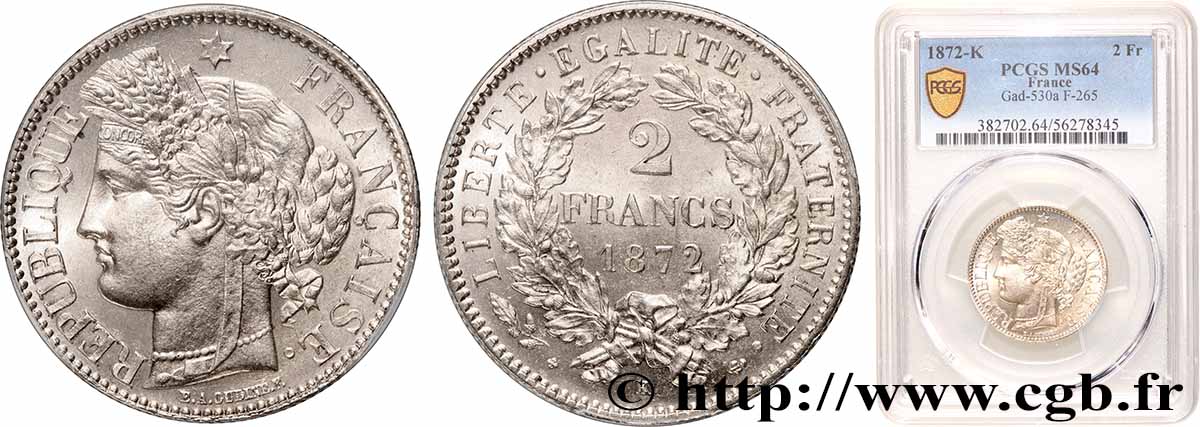 2 francs Cérès, avec légende 1872 Bordeaux F.265/9 SPL64 PCGS