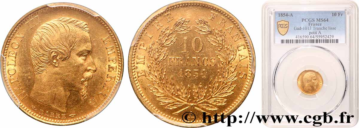 10 francs or Napoléon III, tête nue, petit module, tranche lisse 1854 Paris F.505/1 SPL64 PCGS