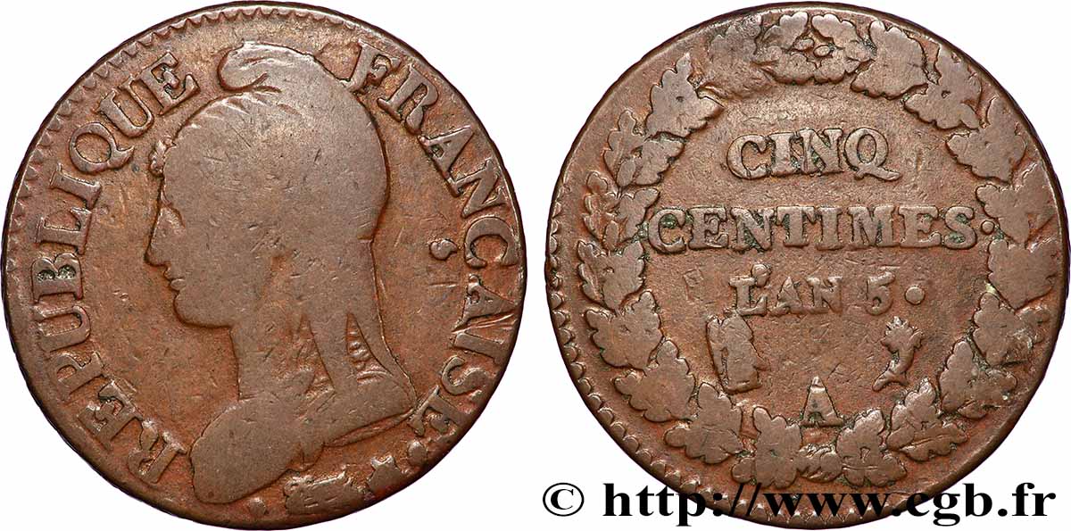 Cinq centimes Dupré, grand module, CIN/NIQ 1797 Paris F.115/7 B+ 