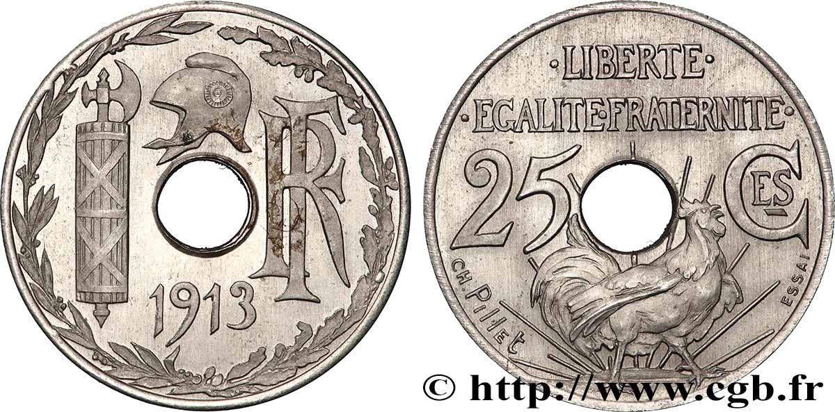 Essai de 25 centimes par Pillet, grand module, deuxième projet 1913 Paris GEM.73 4 SUP+ 
