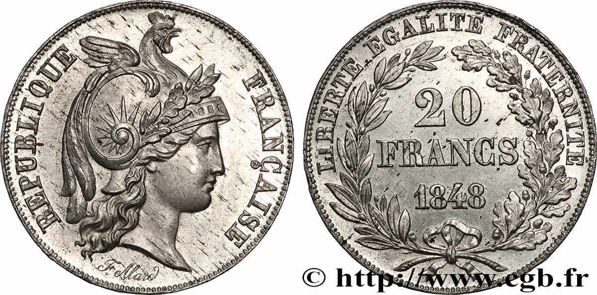 Concours de 20 francs, essai d’Alard 1848 Paris VG.3014 var. SUP62 