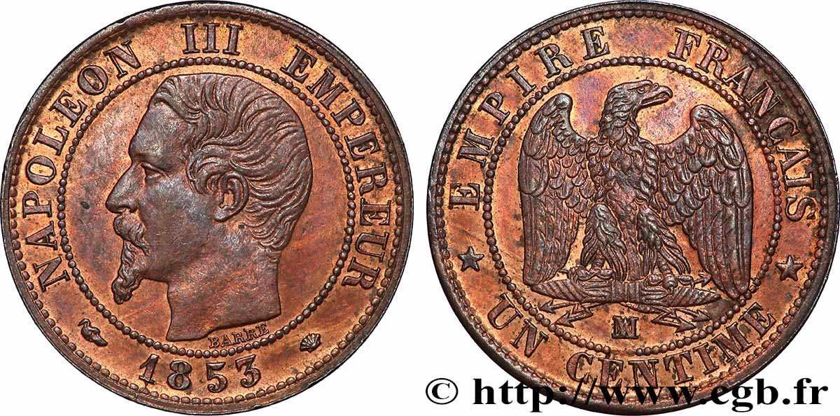 Un centime Napoléon III, tête nue 1853 Marseille F.102/7 SUP 