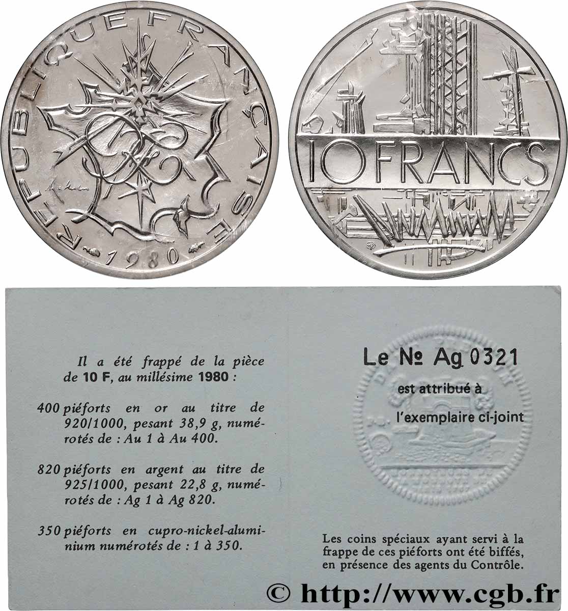 Piéfort Argent de 10 francs Mathieu 1980 Pessac GEM.186 P2 MS65 