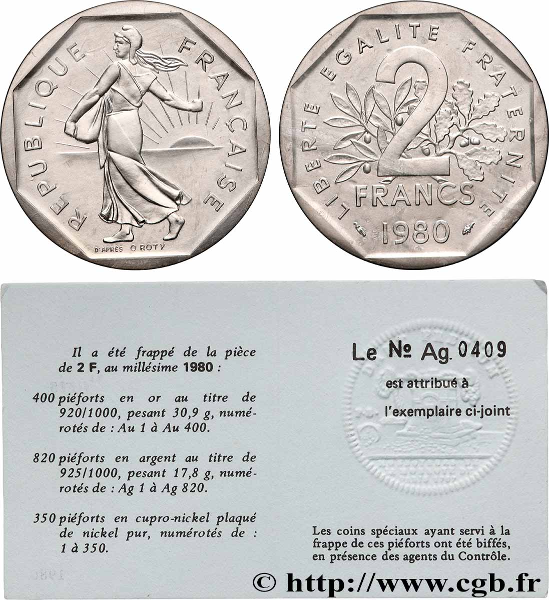 Piéfort Argent de 2 francs Semeuse 1980 Pessac GEM.123 P2 MS65 