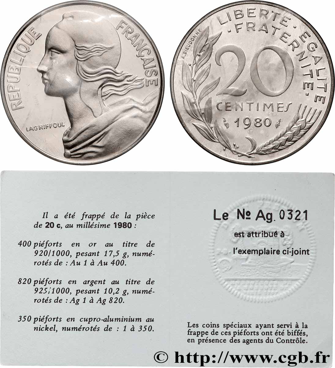 Piéfort Argent de 20 centimes Marianne 1980 Pessac GEM.56 P2 ST65 