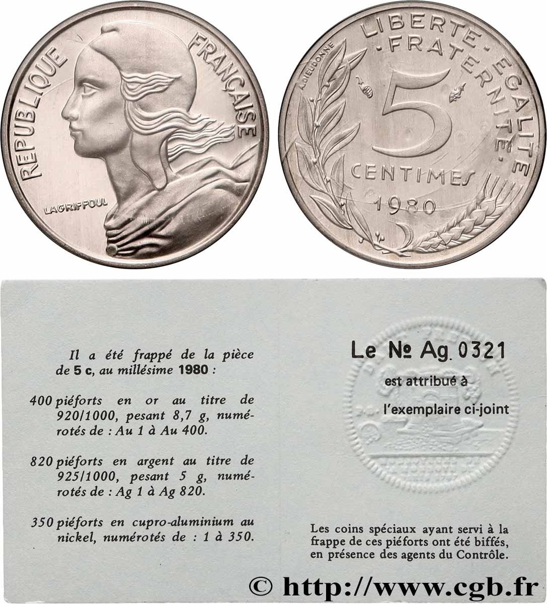 Piéfort argent de 5 centimes Marianne 1980 Paris GEM.22 P2 FDC 