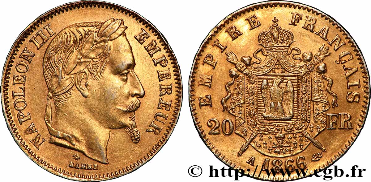 Faux de 20 francs or Napoléon III en platine 1866 Paris F.532/14 var. SUP 