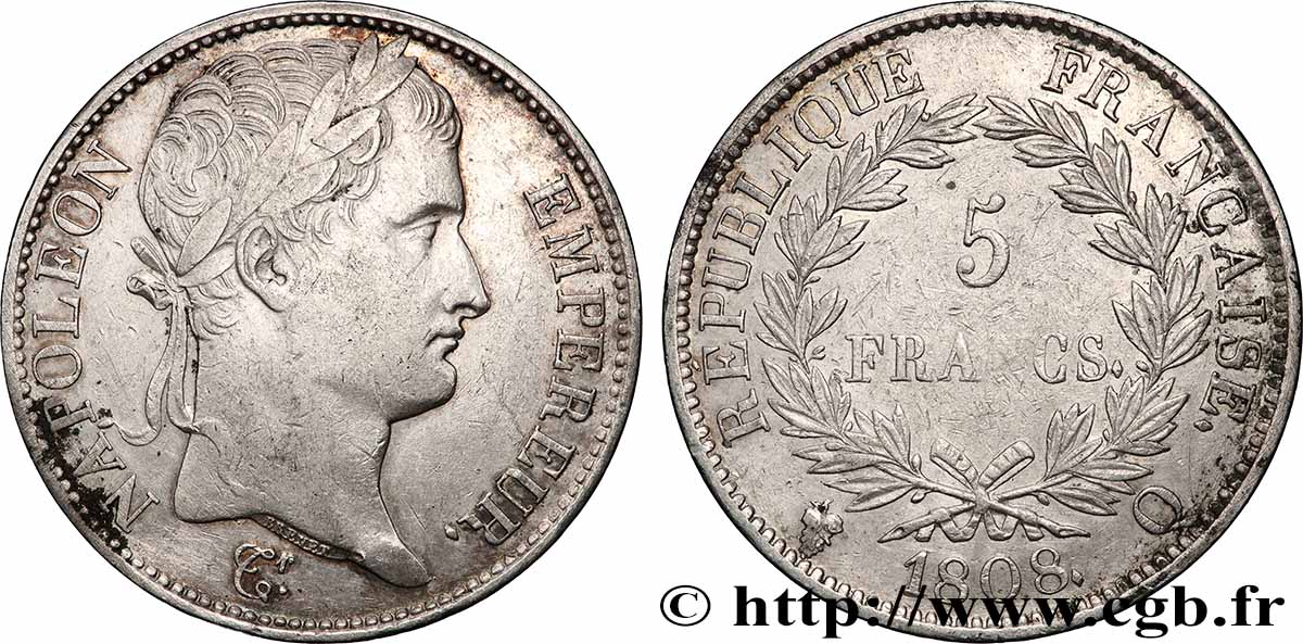 5 francs Napoléon Empereur, République française 1808 Perpignan F.306/12 TTB 