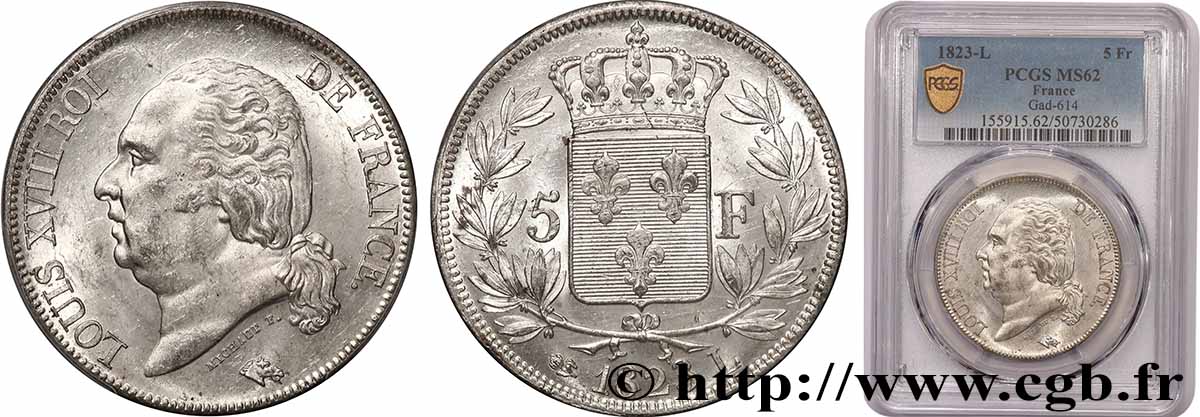 5 francs Louis XVIII, tête nue 1823 Bayonne F.309/83 SUP62 PCGS