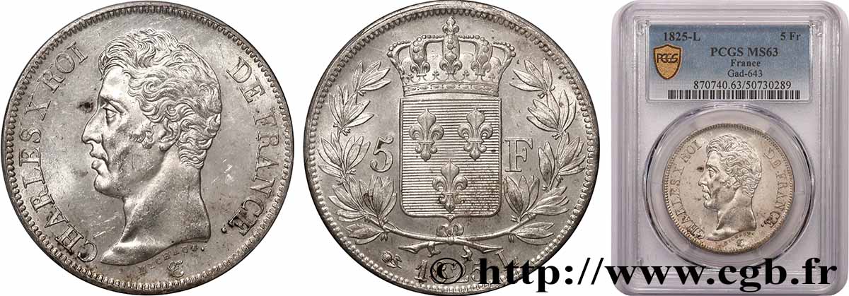 5 francs Charles X, 1er type 1825 Bayonne F.310/10 SPL63 PCGS