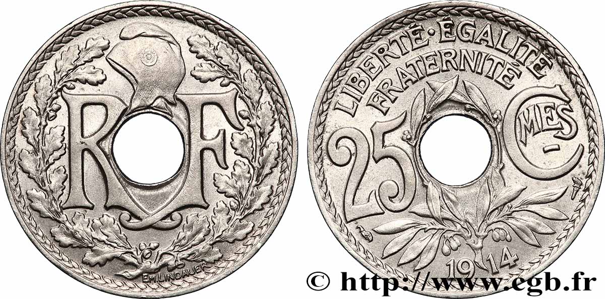 25 centimes Lindauer, Cmes souligné, Fauté Coins Tournés -4 min/-24° 1914  F.170/2 var. SUP+ 