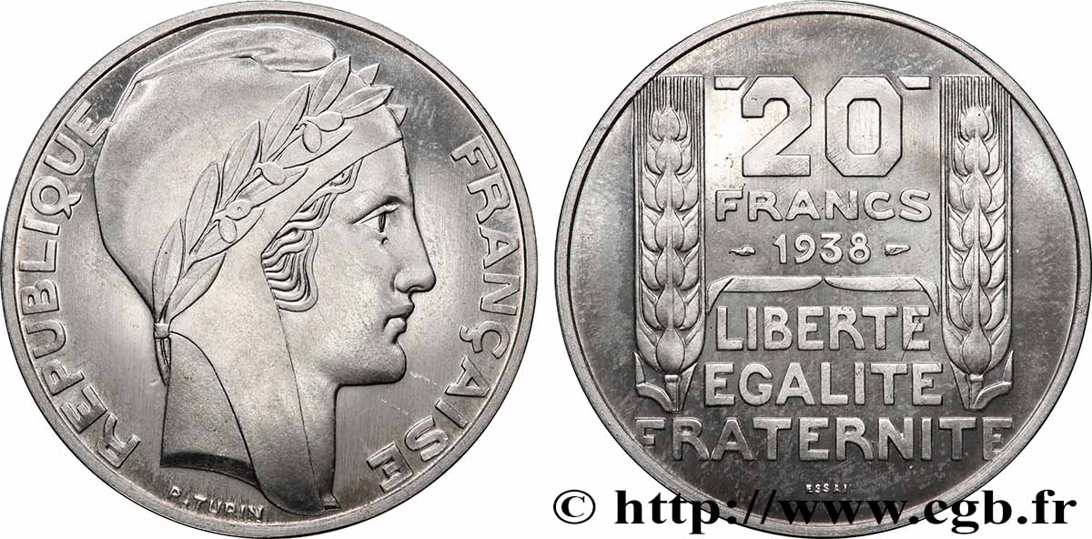 Essai de 20 francs Turin, en aluminium, tranche lisse, 4 g 1938 Paris GEM.200  7 SPL 