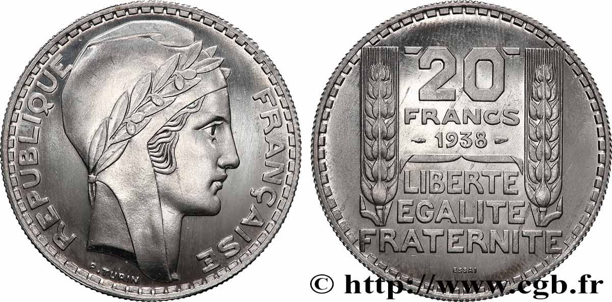 Préparation de la 20 francs, type Turin, essai en aluminium, tranche striée 1938 Paris GEM.200  6 SC 