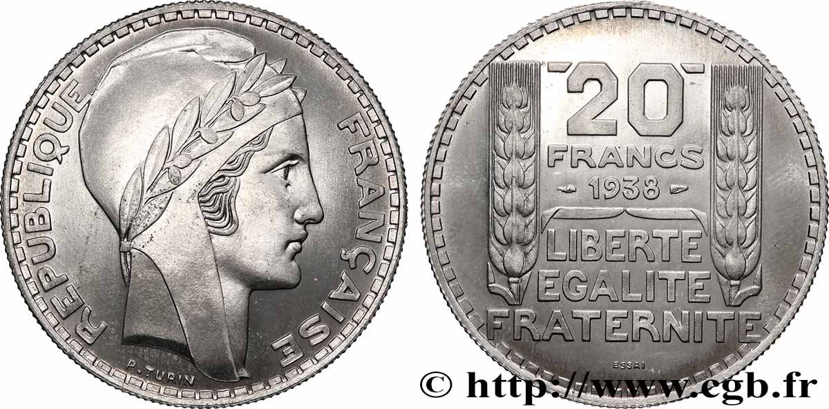 Préparation de la 20 francs, type Turin, essai en aluminium, tranche striée 1938 Paris GEM.200  6 MS 