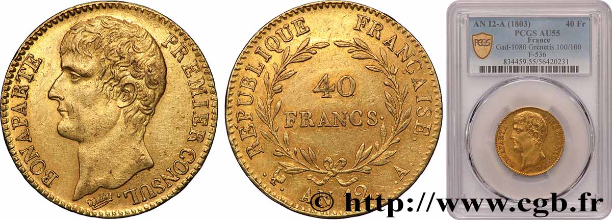 40 francs or Bonaparte Premier Consul 1804 Paris F.536/6 AU55 PCGS