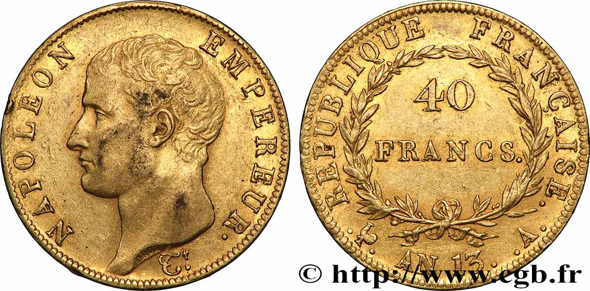 40 francs or Napoléon tête nue, Calendrier révolutionnaire 1805 Paris F.537/1 MBC 