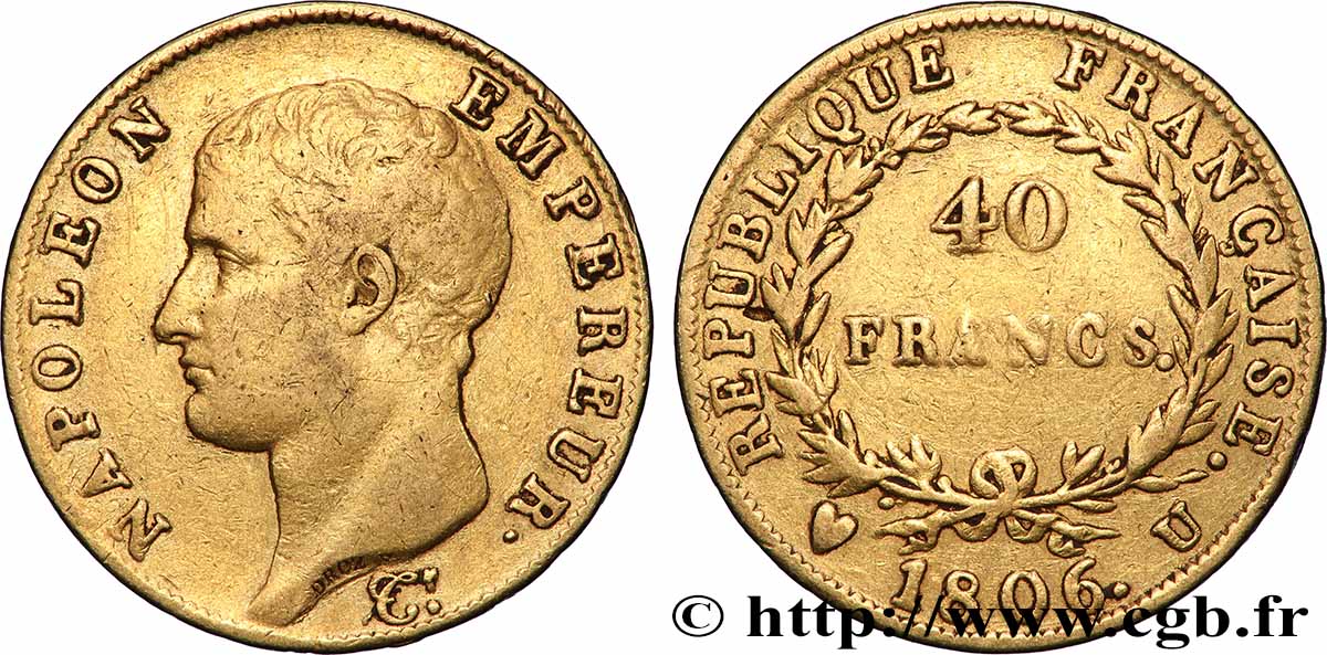 40 francs or Napoléon tête nue, Calendrier grégorien 1806 Turin F.538/4 BC 