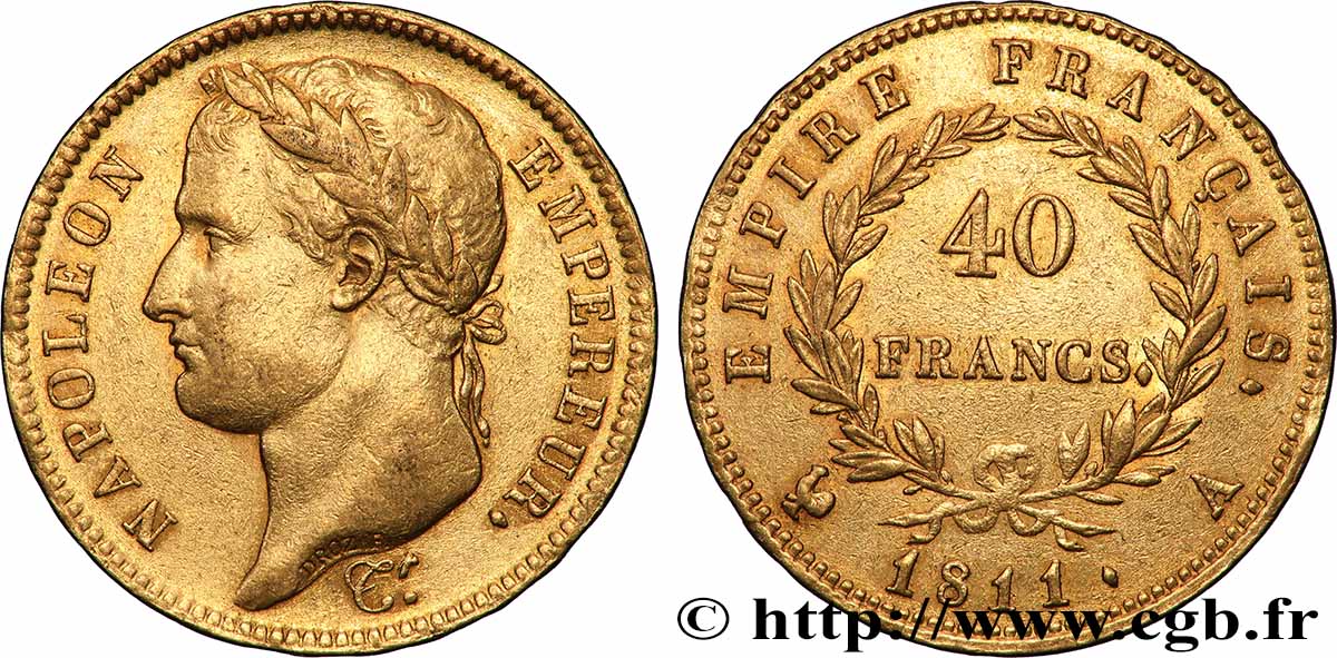 40 francs or Napoléon tête laurée, Empire français 1811 Paris F.541/6 XF 
