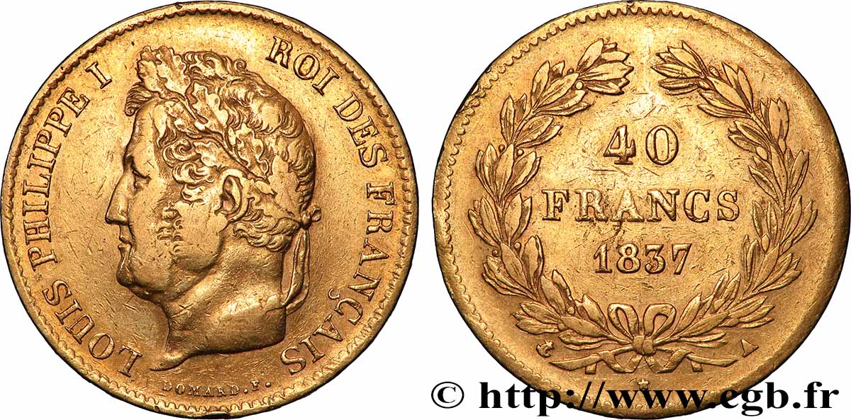 40 francs or Louis-Philippe 1837 Paris F.546/10 VF 
