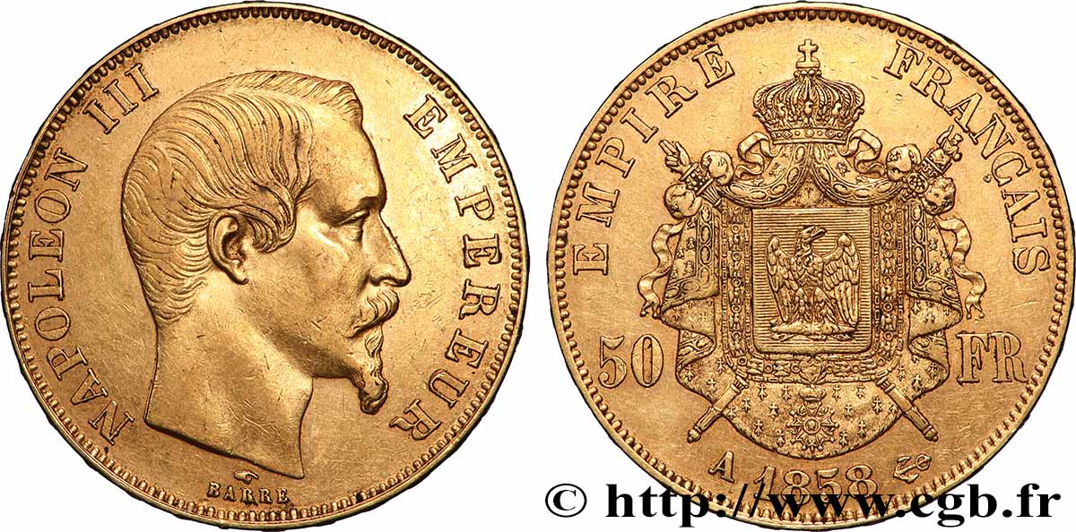 50 francs or Napoléon III, tête nue 1858 Paris F.547/5 MBC+ 