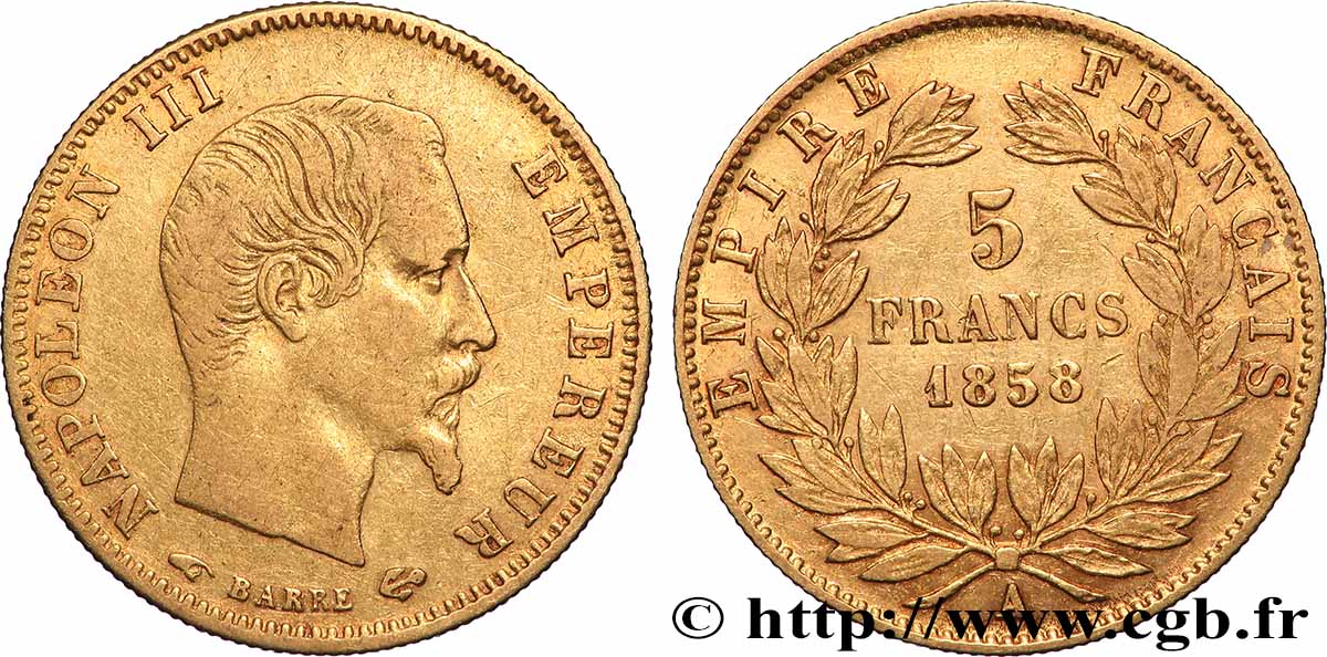 5 francs or Napoléon III, tête nue, grand module 1858 Paris F.501/5 VF 