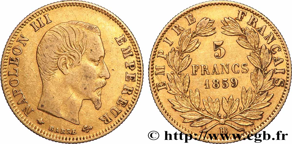 5 francs or Napoléon III, tête nue, grand module 1859 Strasbourg F.501/8 TB+ 