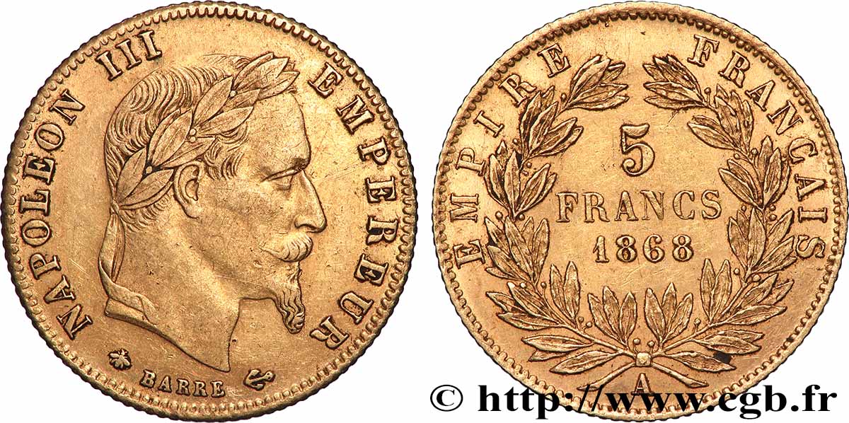 5 francs or Napoléon III, tête laurée 1868 Paris F.502/13 XF 