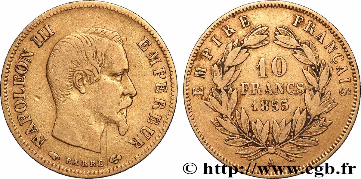 10 francs or Napoléon III, tête nue, grand module 1855 Paris F.506/1 BC 