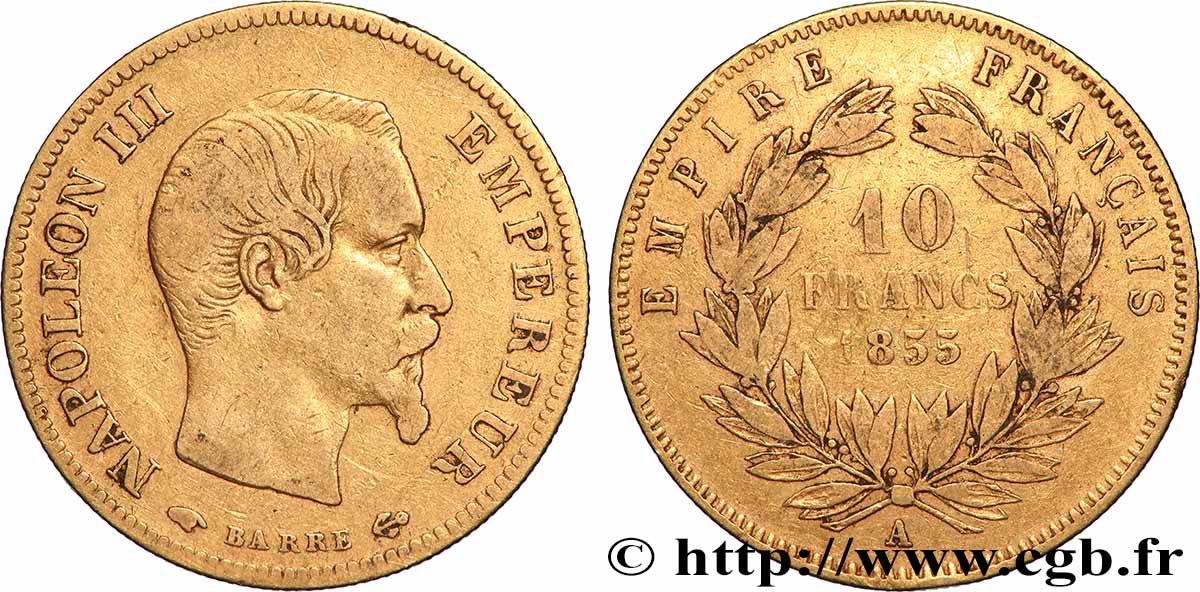 10 francs or Napoléon III, tête nue, grand module 1855 Paris F.506/1 S 