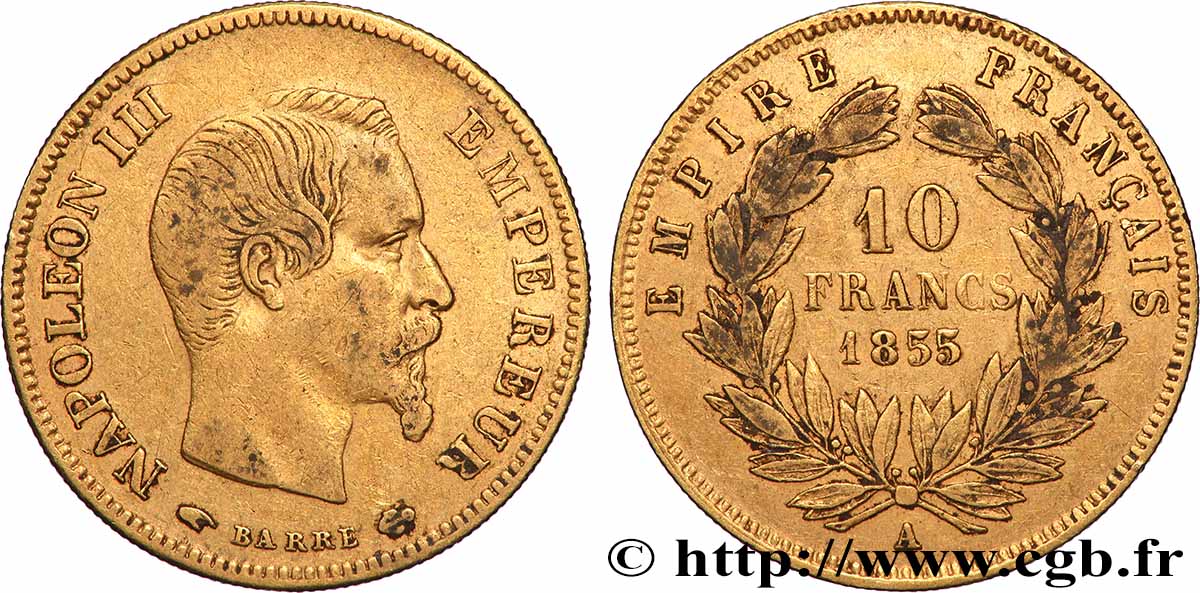 10 francs or Napoléon III, tête nue, grand module 1855 Paris F.506/1 BC+ 