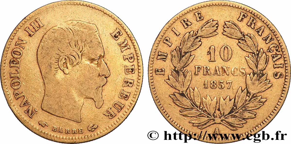 10 francs or Napoléon III, tête nue 1857 Paris F.506/4 MB 