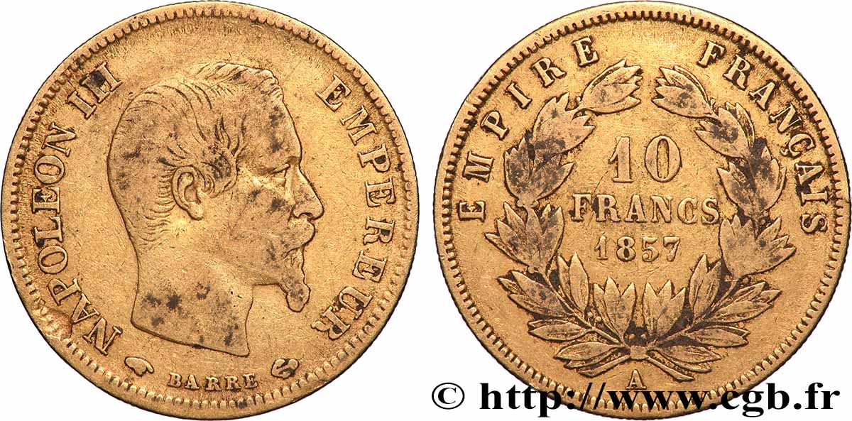10 francs or Napoléon III, tête nue 1857 Paris F.506/4 S 