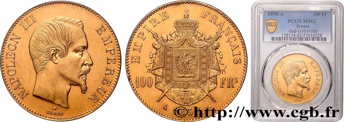 100 francs or Napoléon III, tête nue 1858 Paris F.550/5 SUP62 PCGS